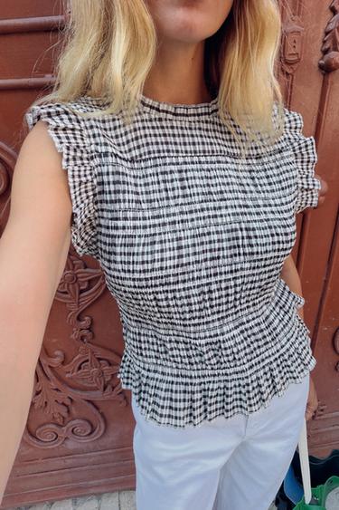 TOP MET SMOKWERK EN VICHY RUIT - Bruin / Ecru van Zara