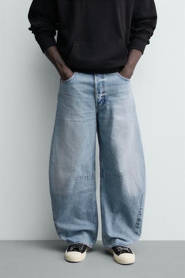 Zara 休閒版桶型褲褶飾牛仔褲 - 淡藍色