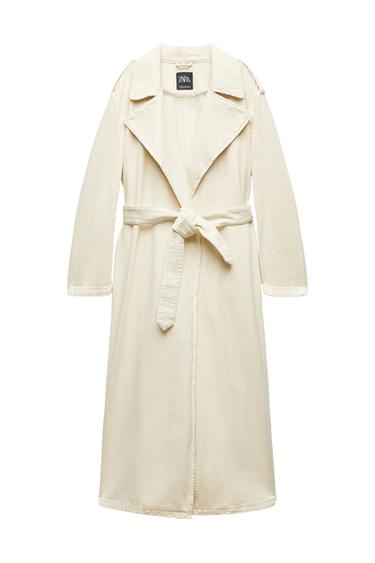 Front view of a long beige coat with a belt and wide lapels.