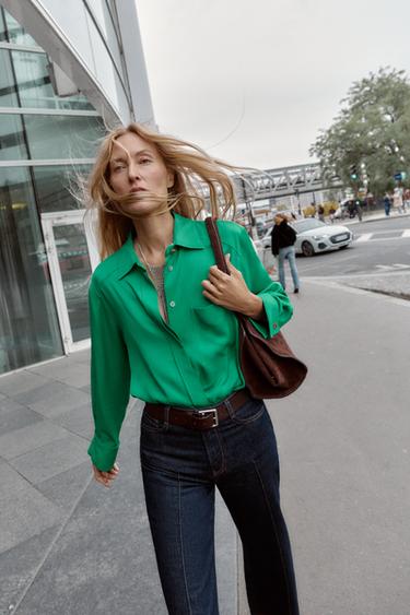 Zara SATIN EFFECT POCKET SHIRT - Green - Image 0