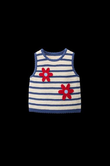 Zara STRIPED FLORAL KNIT TOP - Ecru / Blue - Image 0