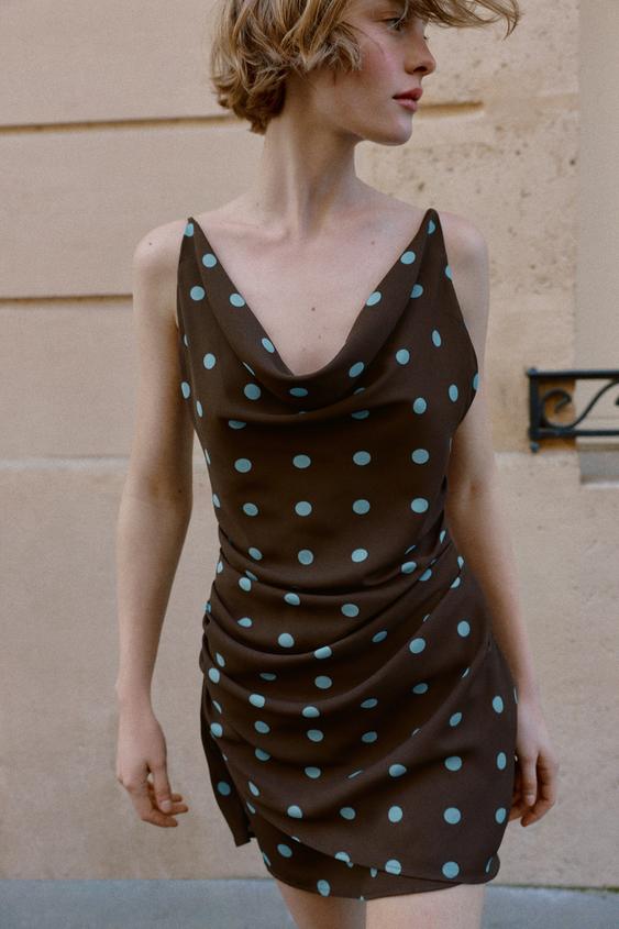 zara brown polka dot dress MINI - Brown-Blue Lace trims ZARA NWT $99 WOMAN SS25
