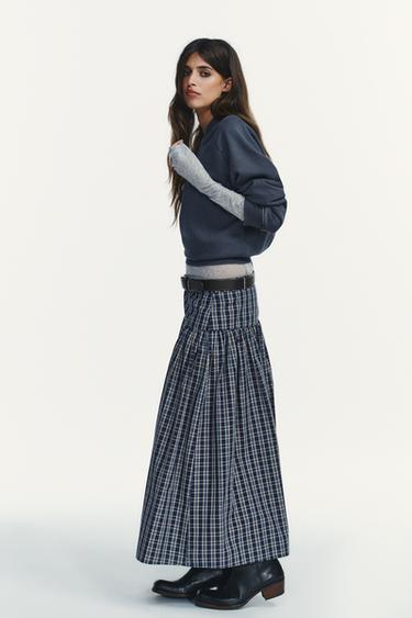 JUPE MI-LONGUE À CARREAUX AVEC CEINTURE - Bleu / Bleu marine de Zara - Image 3