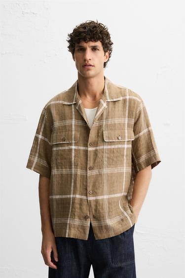 CHECKED LINEN/COTTON SHIRT - Brown by Zara