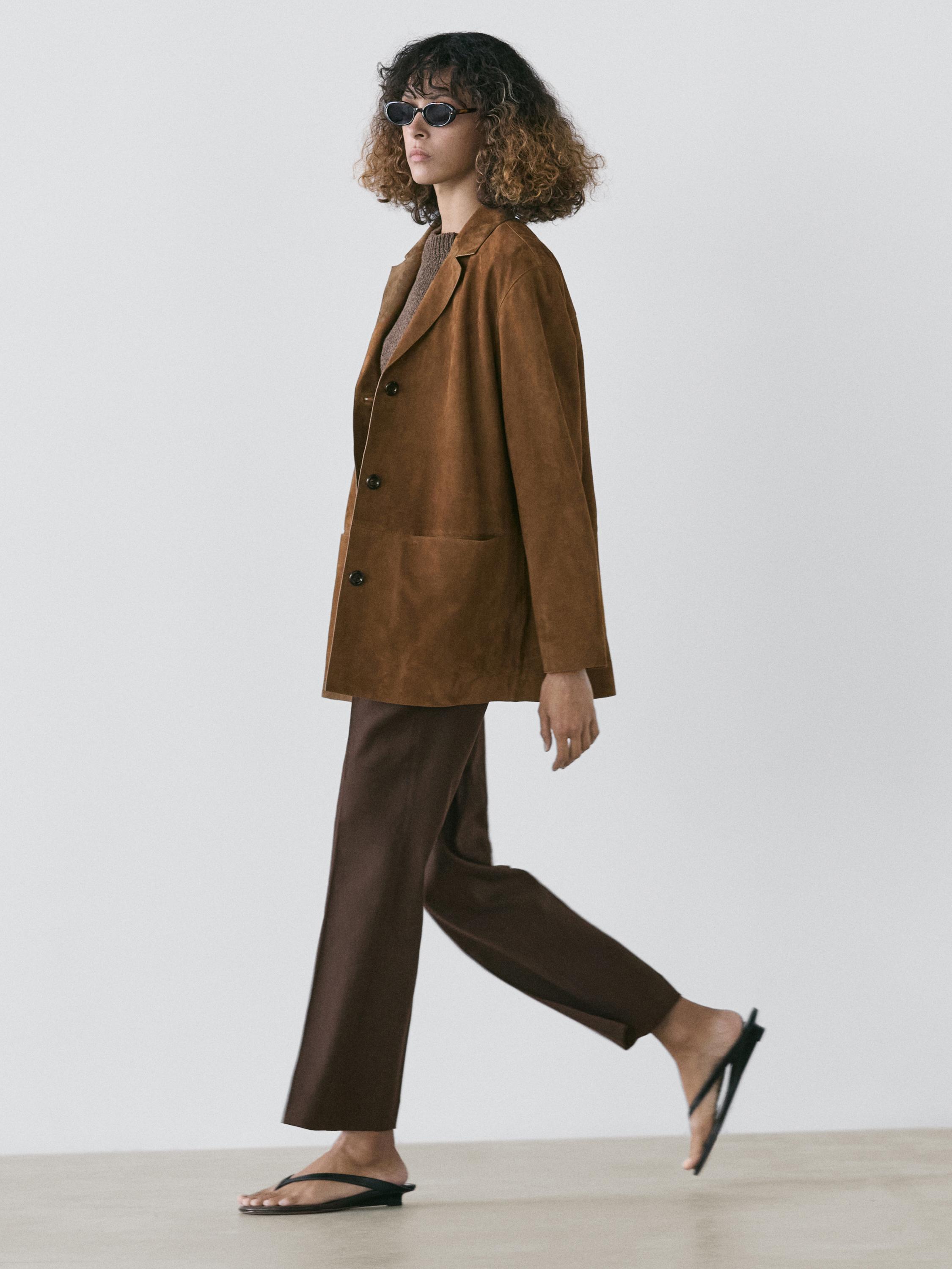 Blazer col à revers 100% cuir finition daim