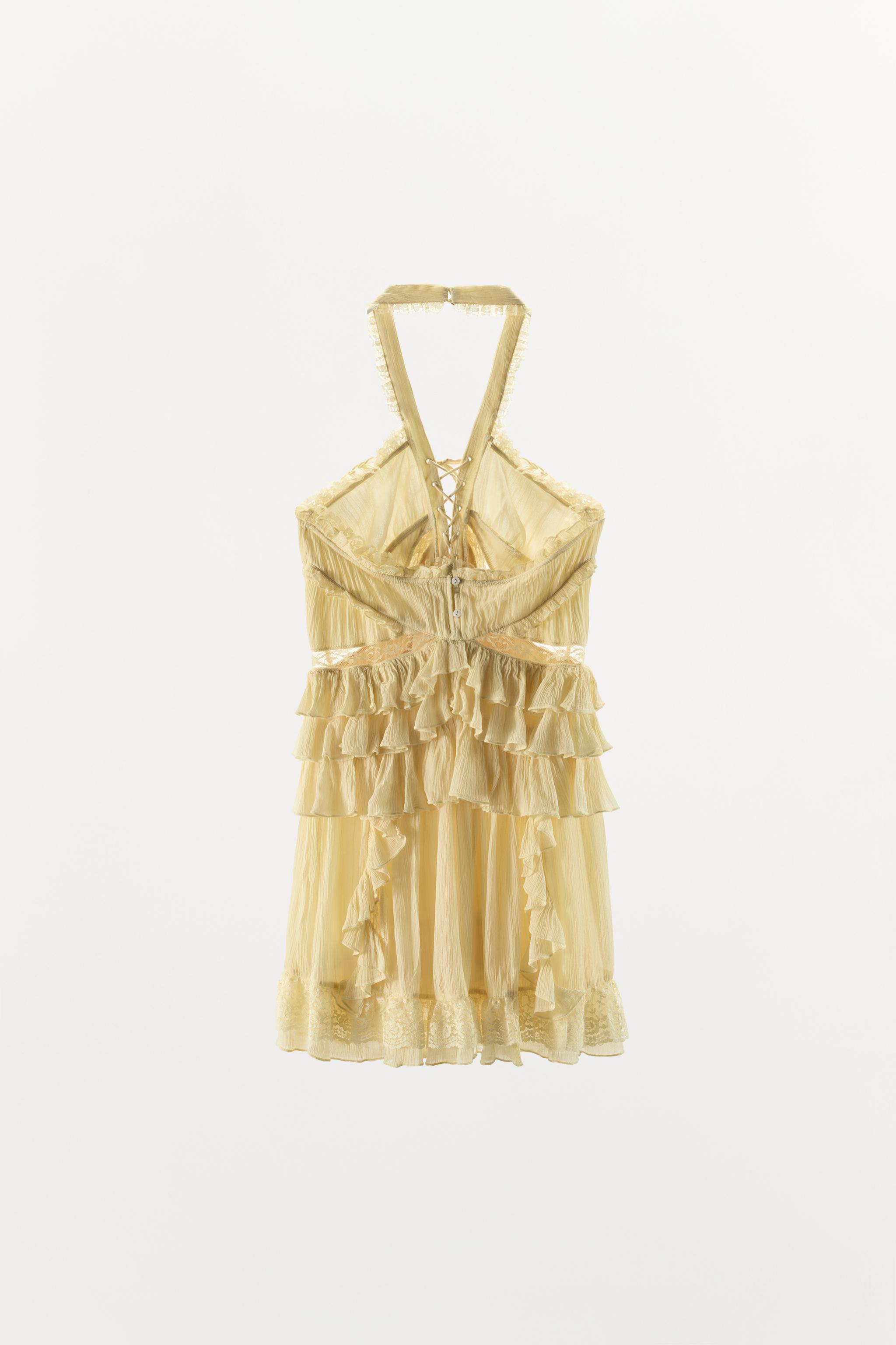 SHORT RUFFLED LACE HALTER DRESS