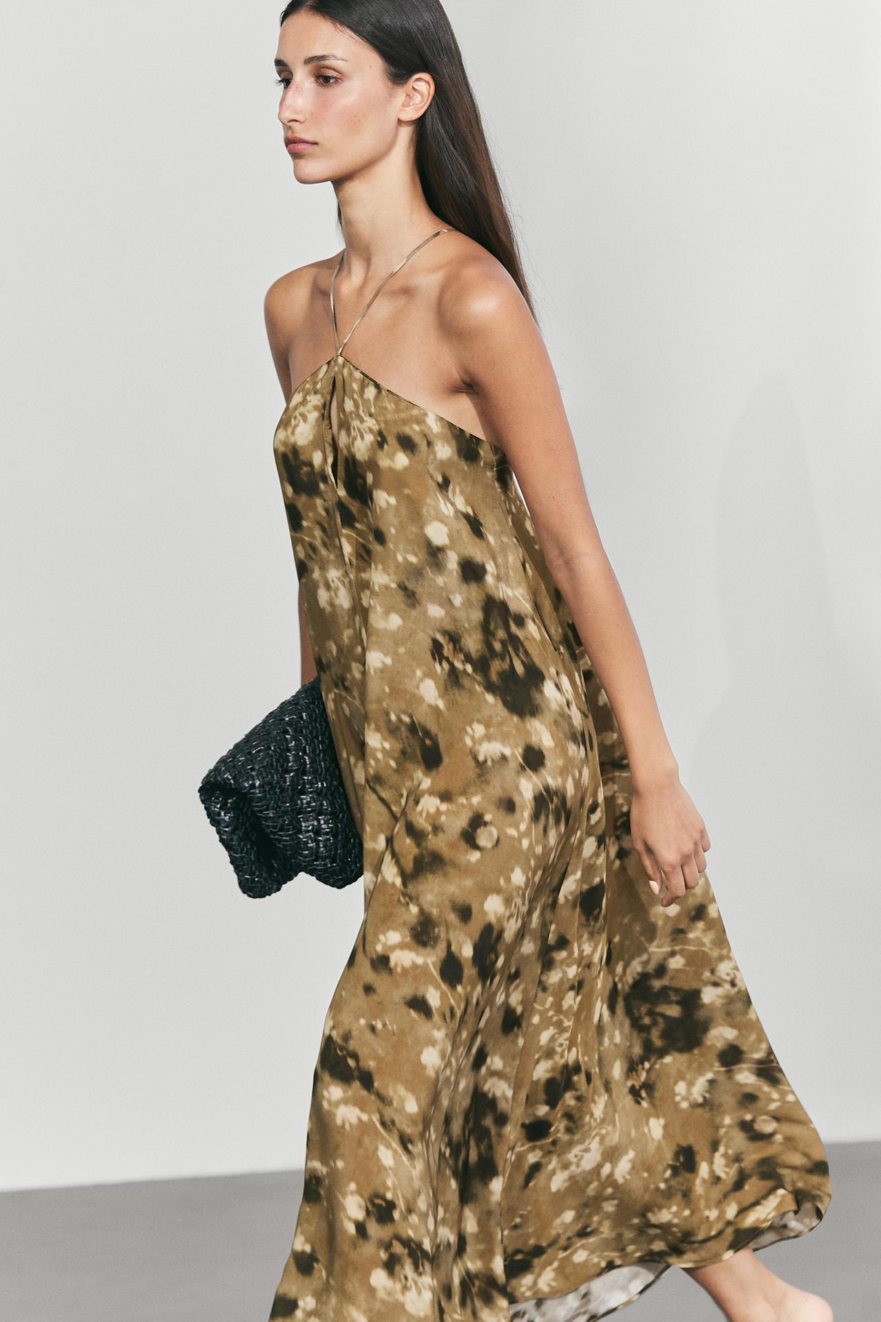 Floral print flowing midi dress — Mid-camel