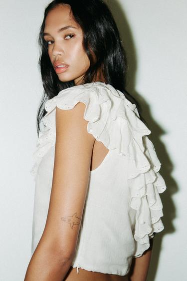 TOP ASYMÉTRIQUE EN GAZE À VOLANTS - Blanc de Zara - Image 2