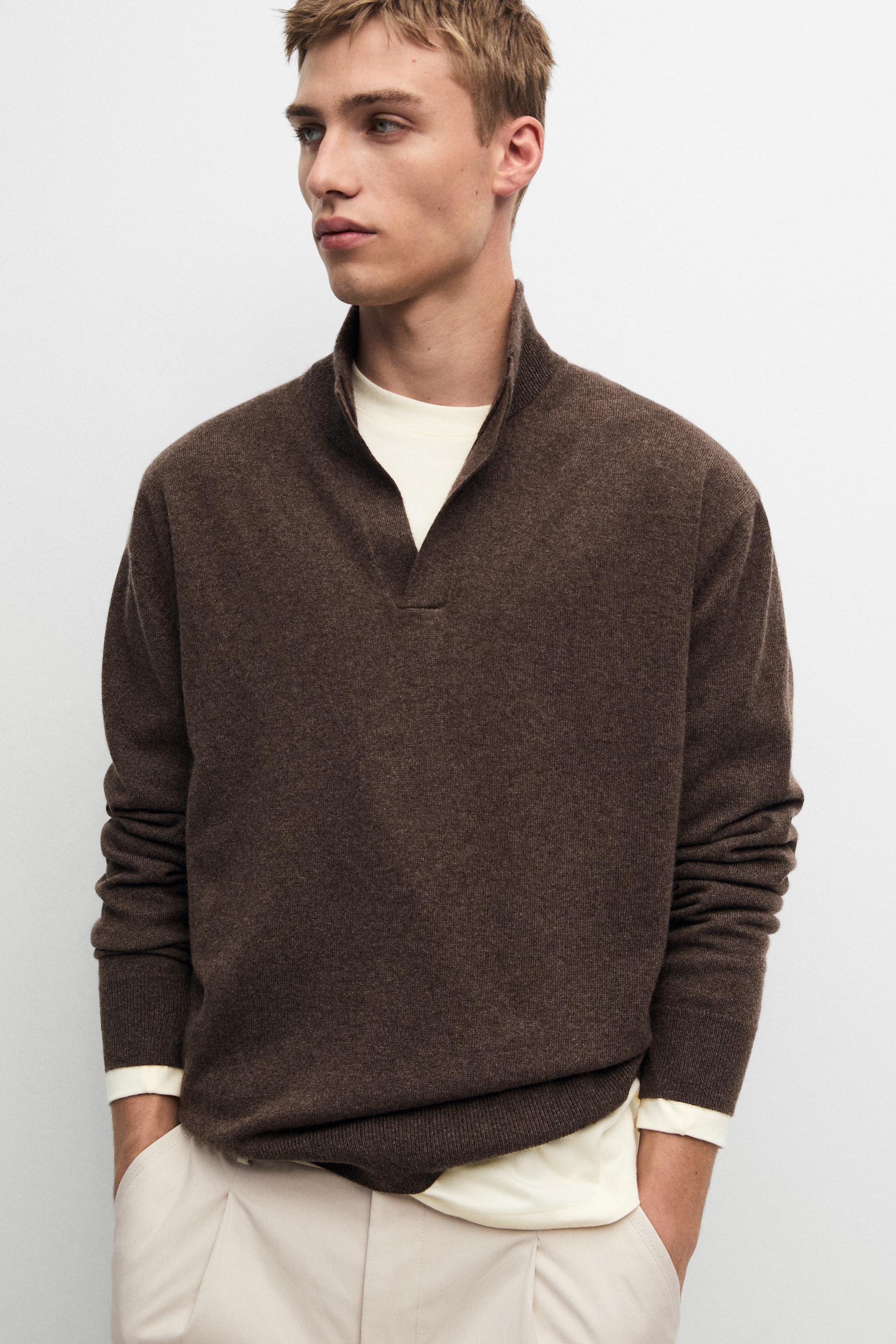 100% cashmere mock neck V-neck sweater