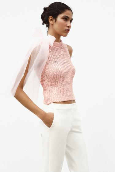 TOP EN MAILLE AVEC LACET EN ORGANZA - Rose de Zara
