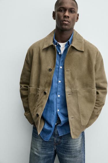 BLOUSON EN CUIR À POCHES - Vert de Zara - Image 4