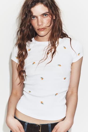 T-SHIRT CÔTELÉ MANCHES COURTES BRODÉ - Blanc de Zara - Image 2