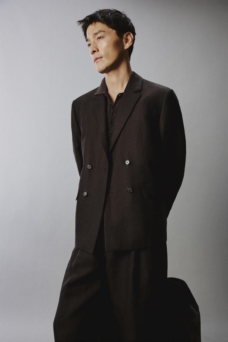 ZARA DOUBLE-BREASTED 100% LINEN SUIT BLAZER