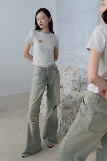 TRF MID-WAIST RIPPED FLARE JEANS - Blue / Green by Zara