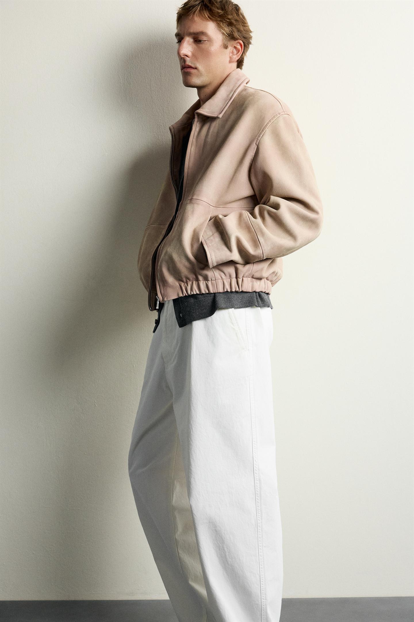 Мужская куртка Zara Washed Effect Leather, цвет: Меловой розовый — фото 7