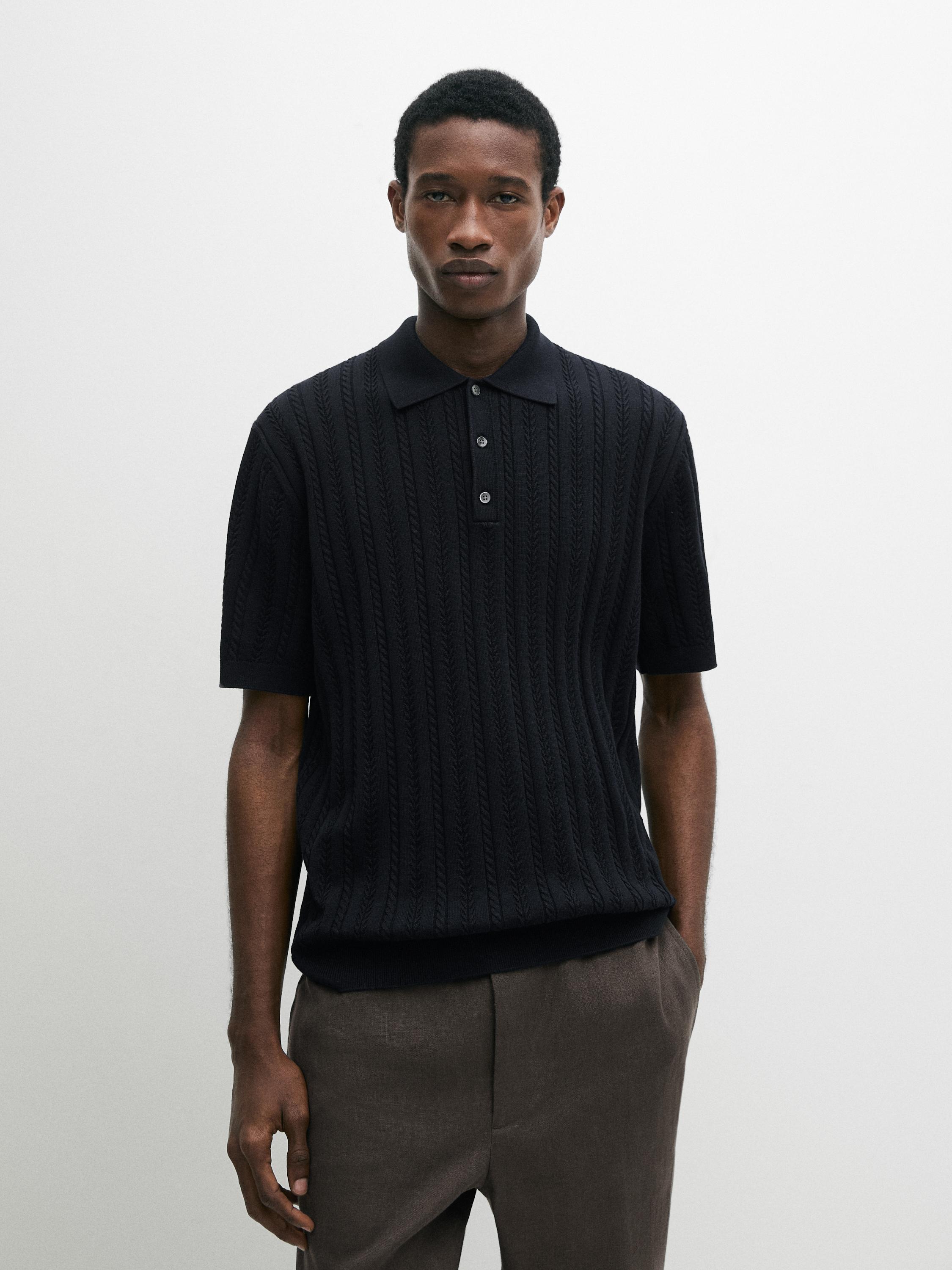 Pull polo en maille tressée de coton mélangé