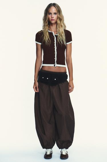 SHORT SLEEVE CONTRAST KNIT CARDIGAN - Brown by Zara