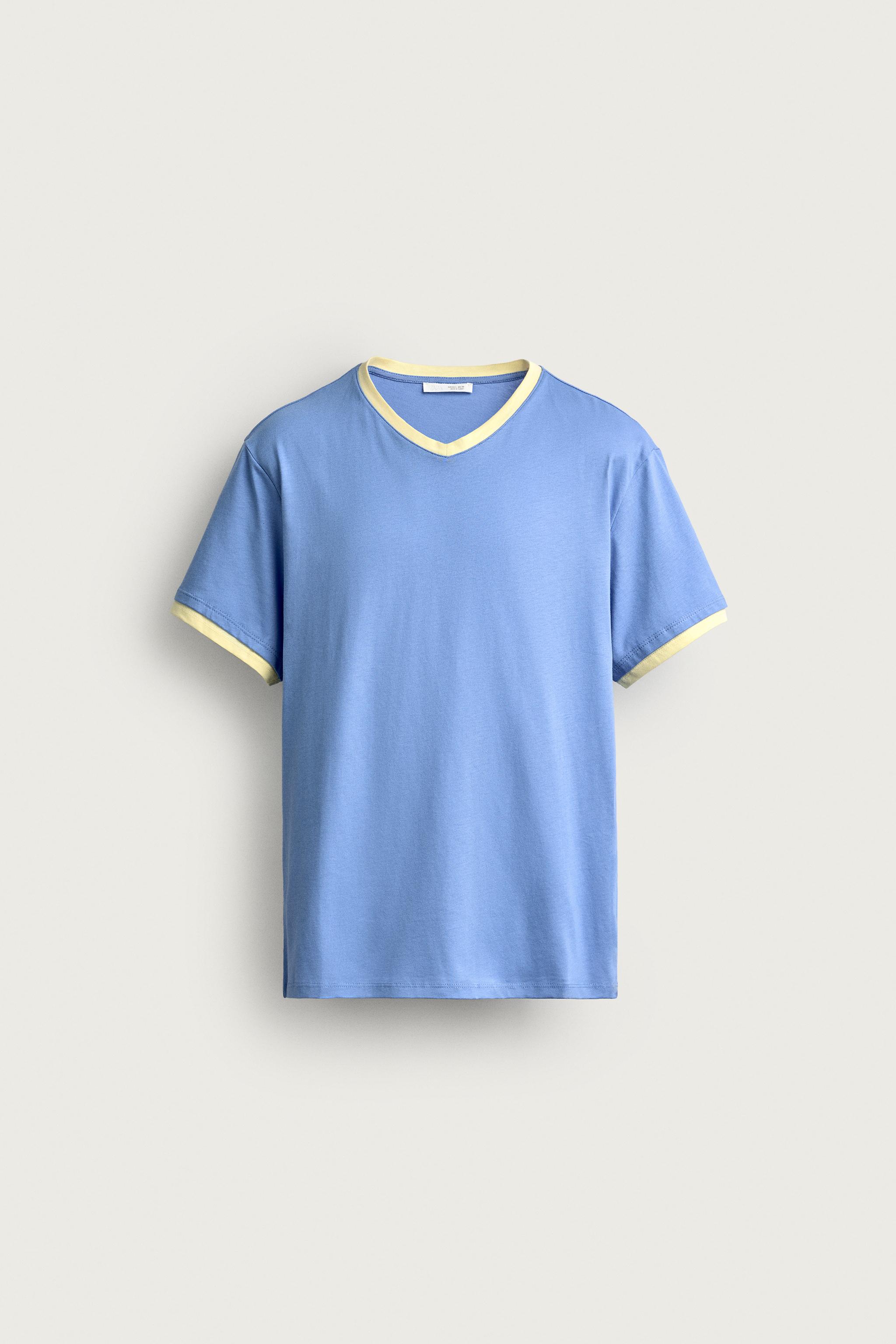RINGER CONTRAST V-NECK RIBBED T-SHIRT — Mid-blue