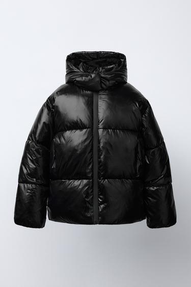 SHINY HOODED PUFFER JACKET WITH FAUX FUR LINING - Black by Zara