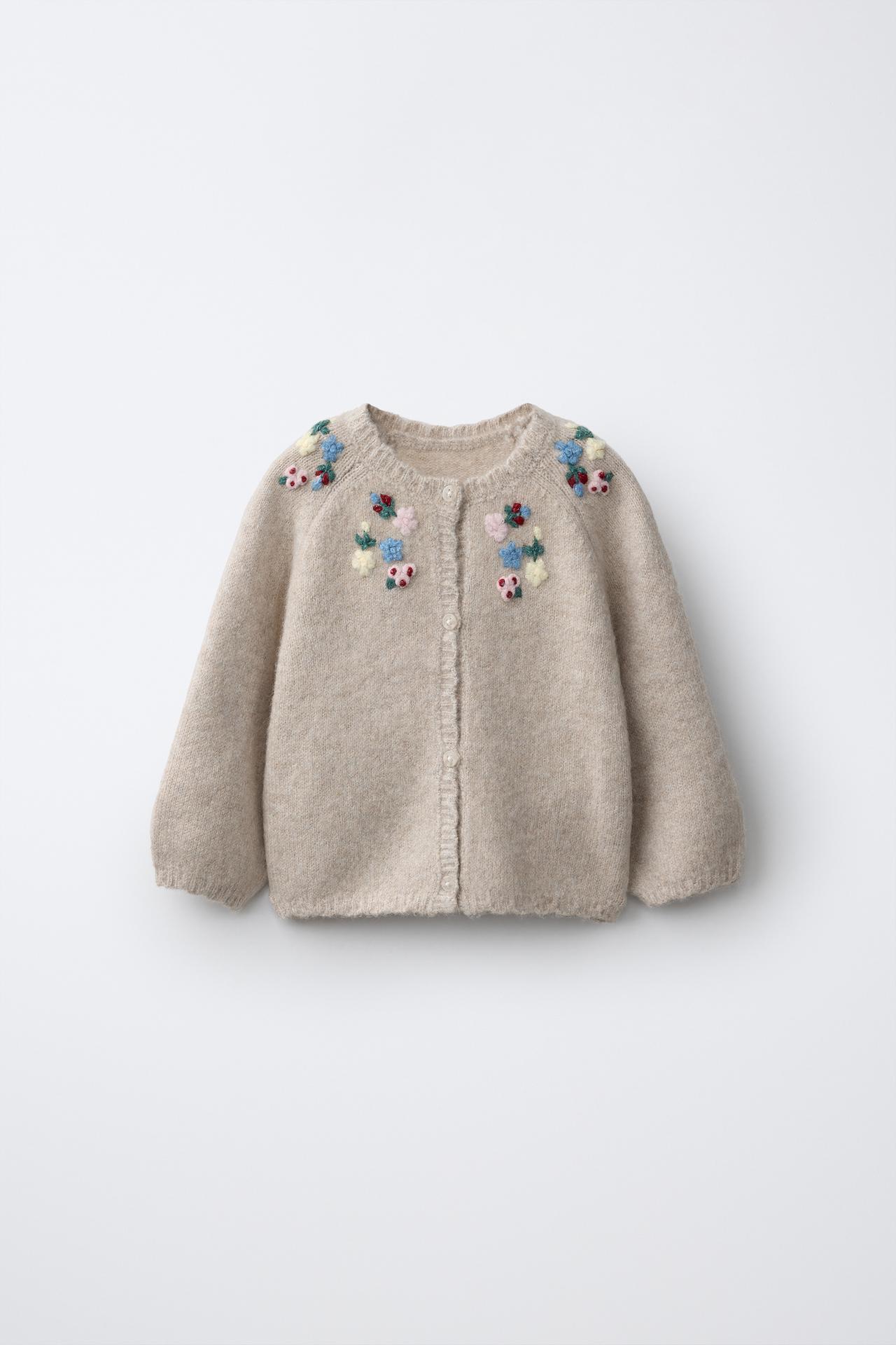 EMBROIDERED FLOWER CARDIGAN — Light beige