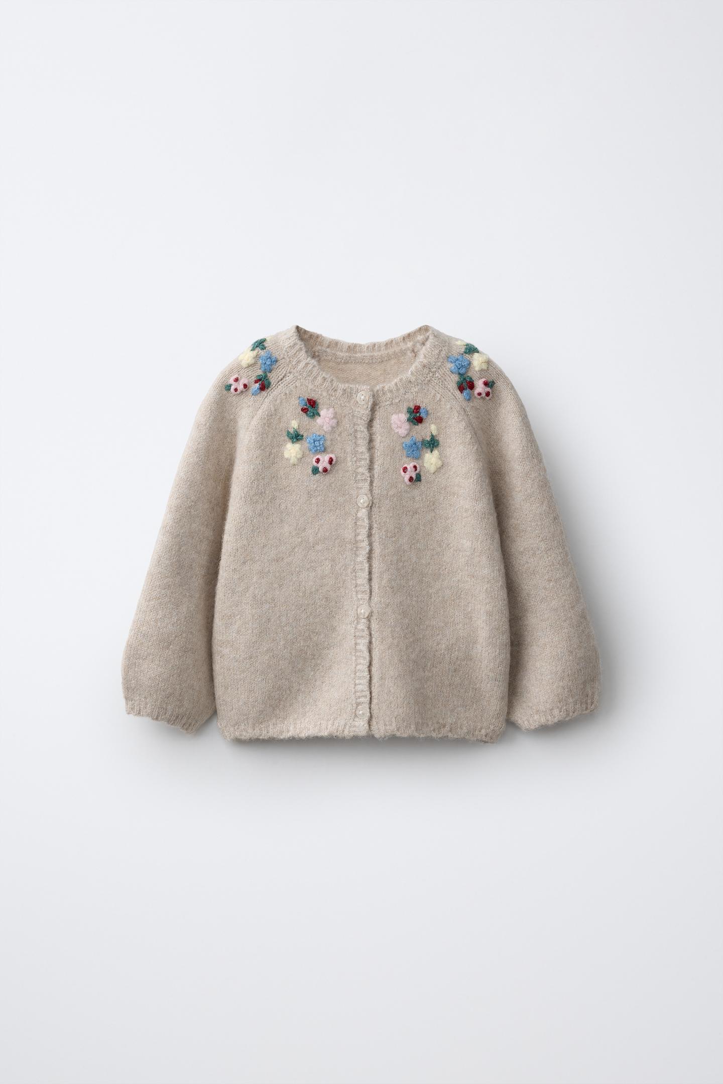 Детский свитер Zara Embroidered Flower Cardingan, цвет: Светлый бежевый — фото 1