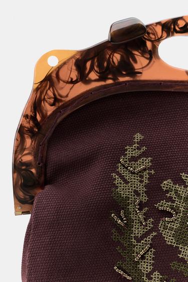 FLORAL EMBROIDERED BAG WITH TORTOISESHELL HANDLE - Aubergine by Zara - Image 5