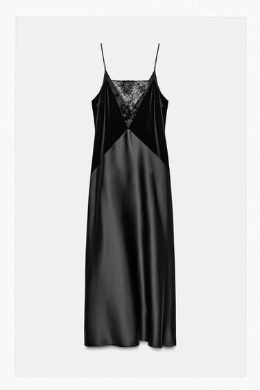 MIDI-KLEID AUS SATIN MIT MATERIALKOMBINATION - Schwarz von Zara