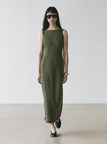 Zara Long linen dress - Mid-green - Image 0