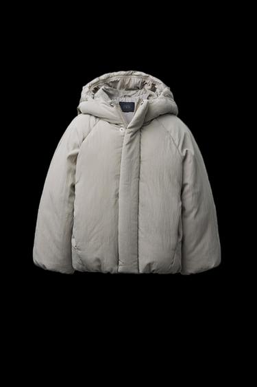 Zara PUFFER COAT WITH EMBOSSED LOGO HOODIE - Stone - Image 0