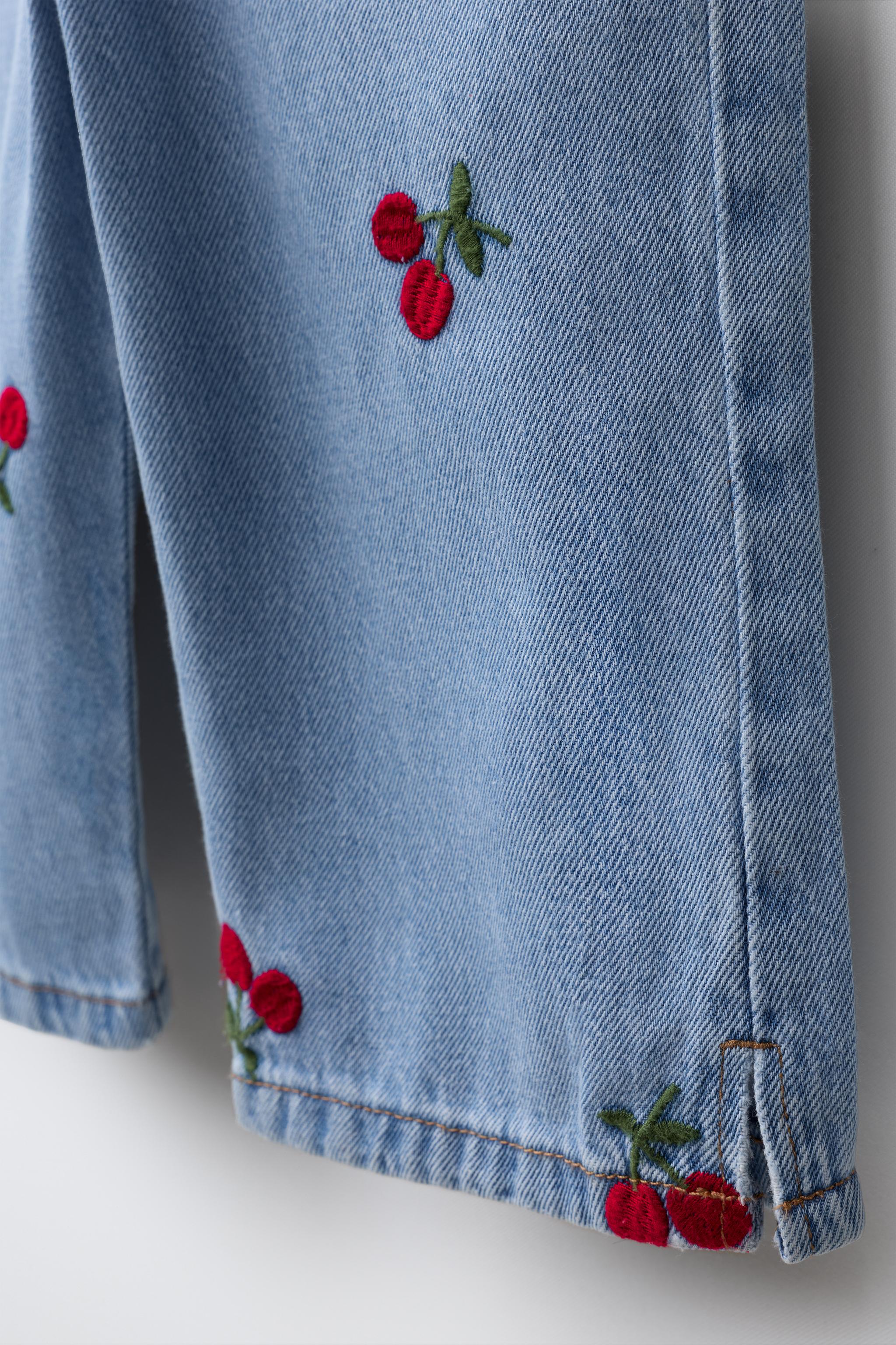 EMBROIDERED CHERRY DENIM OVERALLS