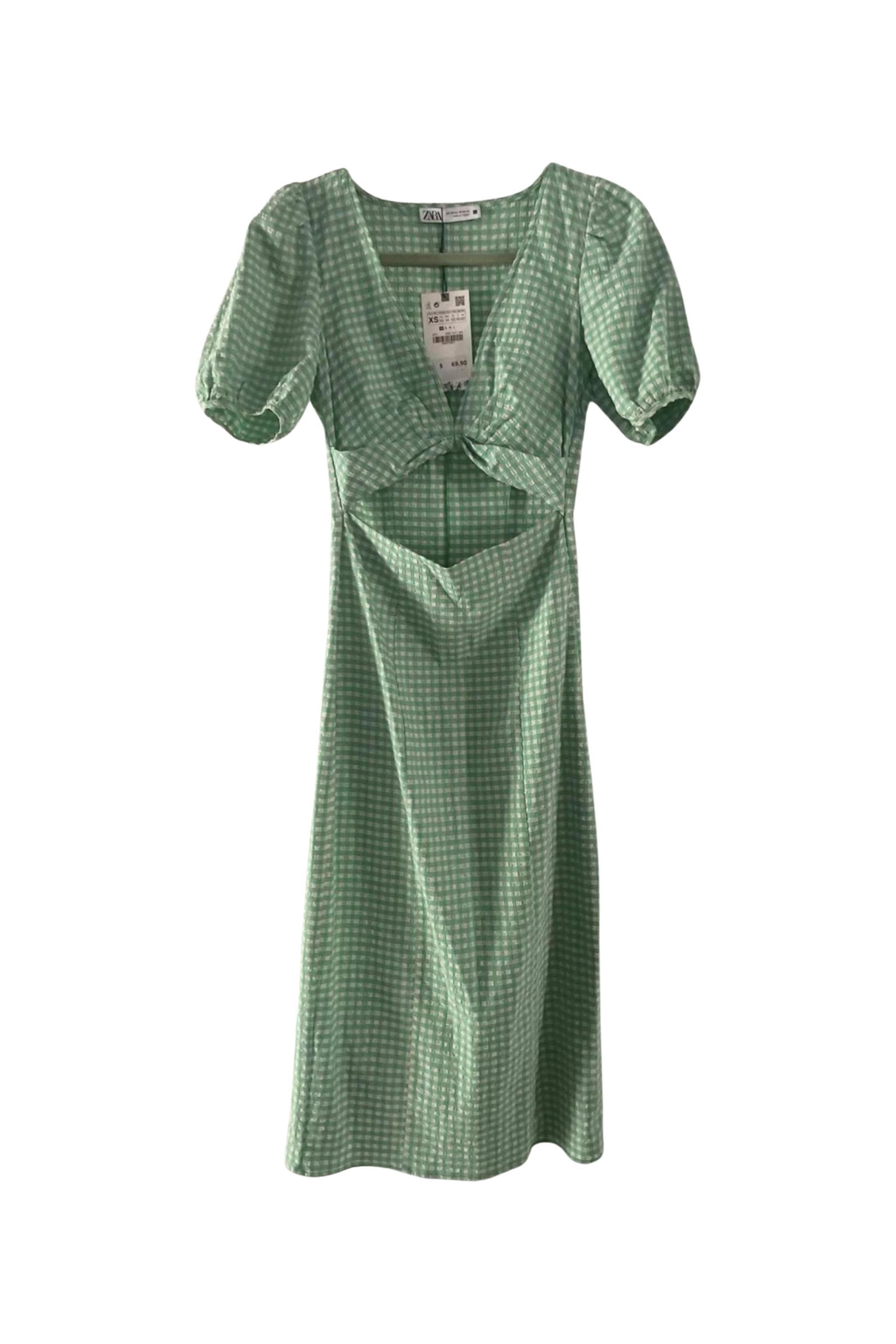 green gingham dress zara PUFF SLEEVES MIDI CUTOUT SECOND HAND Ebay