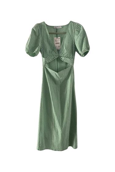GREEN PUFF SLEEVES MIDI CUTOUT DRESS