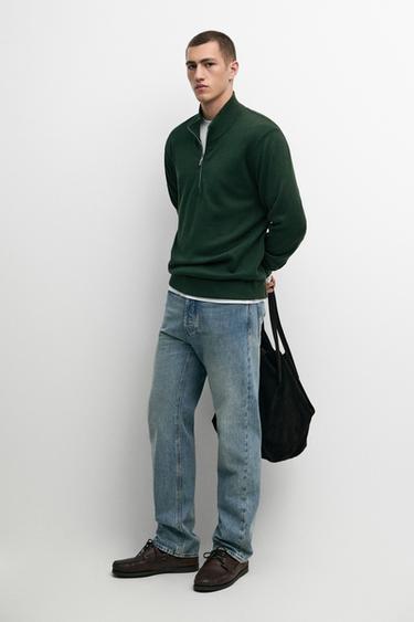 Pull en maille à col camionneur zippé - Vert kaki de Zara