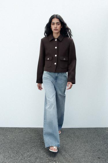 Zara CROPPED WOOL BLEND CARDIGAN - Brown