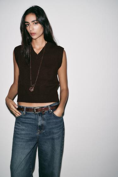 GILET EN MAILLE UNI Marron foncé ZARA France1