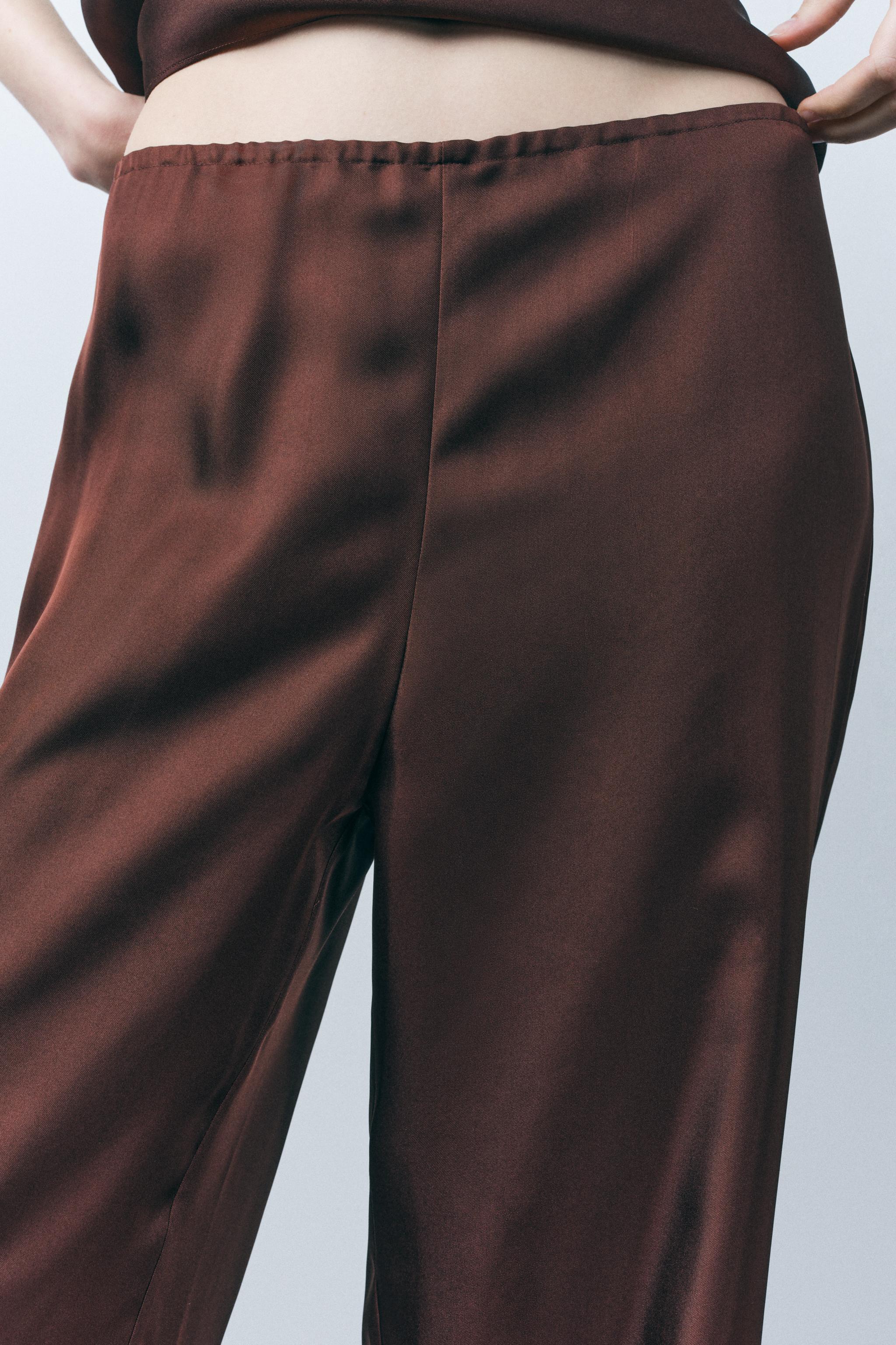 スペイン発送 ZARA シルクパジャマパンツ ブラウン 上品シンプル シルクパジャマパンツ - ブラウン | ZARA Japan / 日本