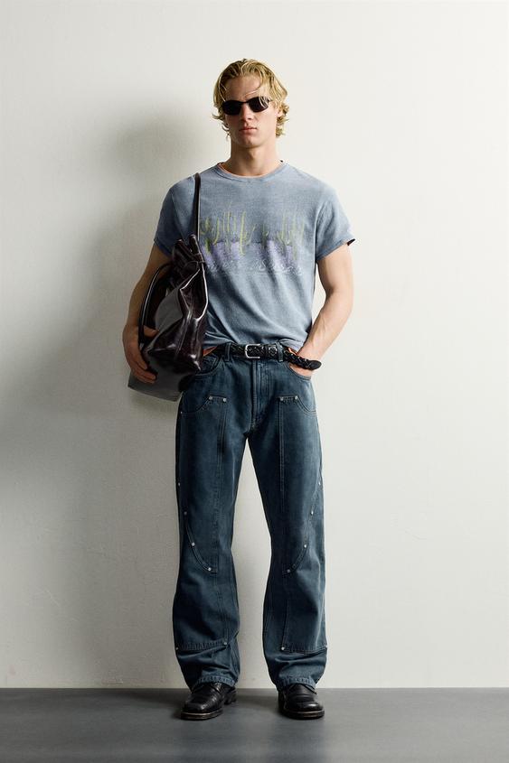WASHED PRINTED KNIT T-SHIRT - Blue grey by Zara - Image 0