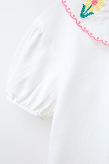 T-SHIRT COL CLAUDINE BRODÉ - Blanc cassé de Zara - Image 3