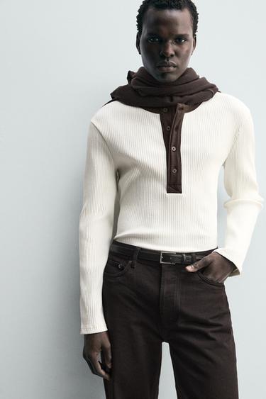 RIBBED HENLEY T-SHIRT - Oyster-white by Zara - Image 4