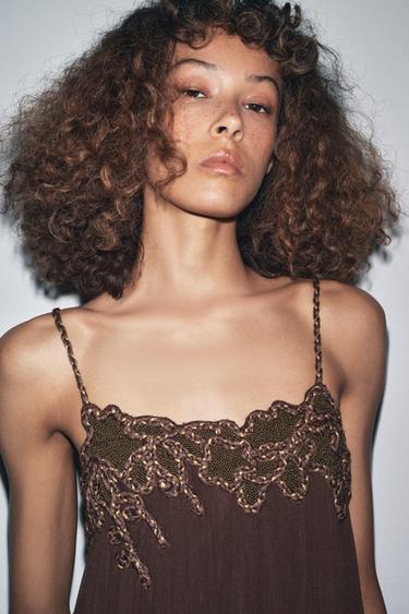 فستان مطرز طويل ZW COLLECTION - بني by Zara