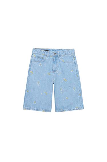 Zara Z1975 EMBROIDERED FLORAL DENIM SHORTS SET - Mid-blue
