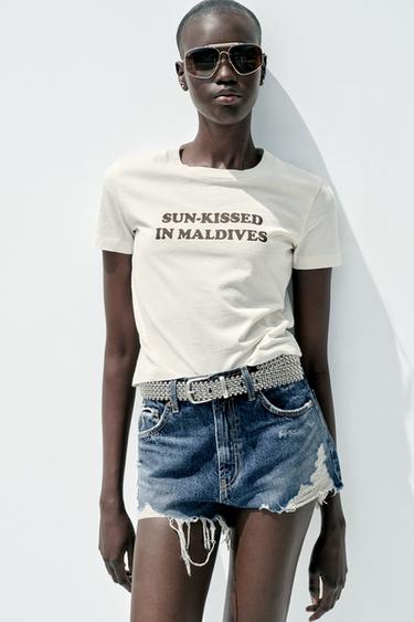 Zara WASHED TEXT T-SHIRT - Mid-ecru