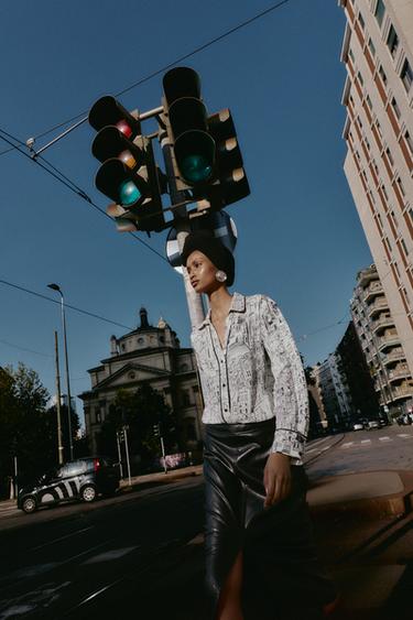 PRINTED BLOUSE WITH PIPING - Ecru / Black by Zara - Image 0