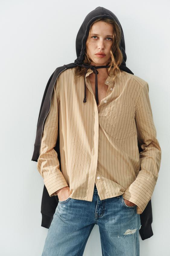 CHEMISE À RAYURES AVEC ÉPAULETTES - Marron clair de Zara - Image 1