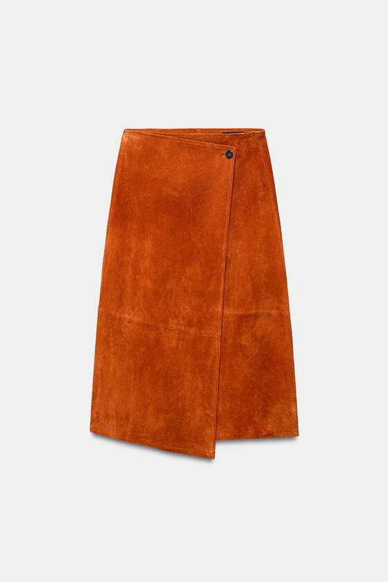 Zara 100% Suede Leather Wrap Midi Skirt Orange Ref 3046/087/615
