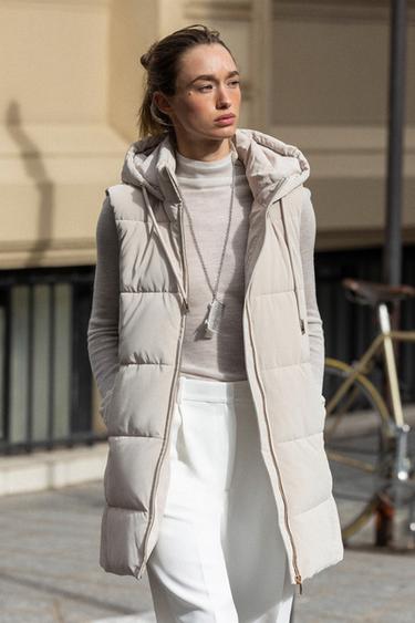 Zara LONG PADDED HOODED VEST - Ecru