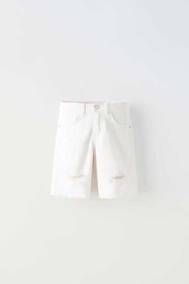 Zara RIPPED DENIM SHORTS - White