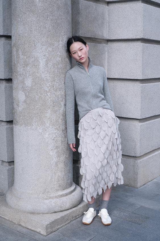 Zara ZW COLLECTION 珠飾中長裙 - 淺灰色 - 圖片 0