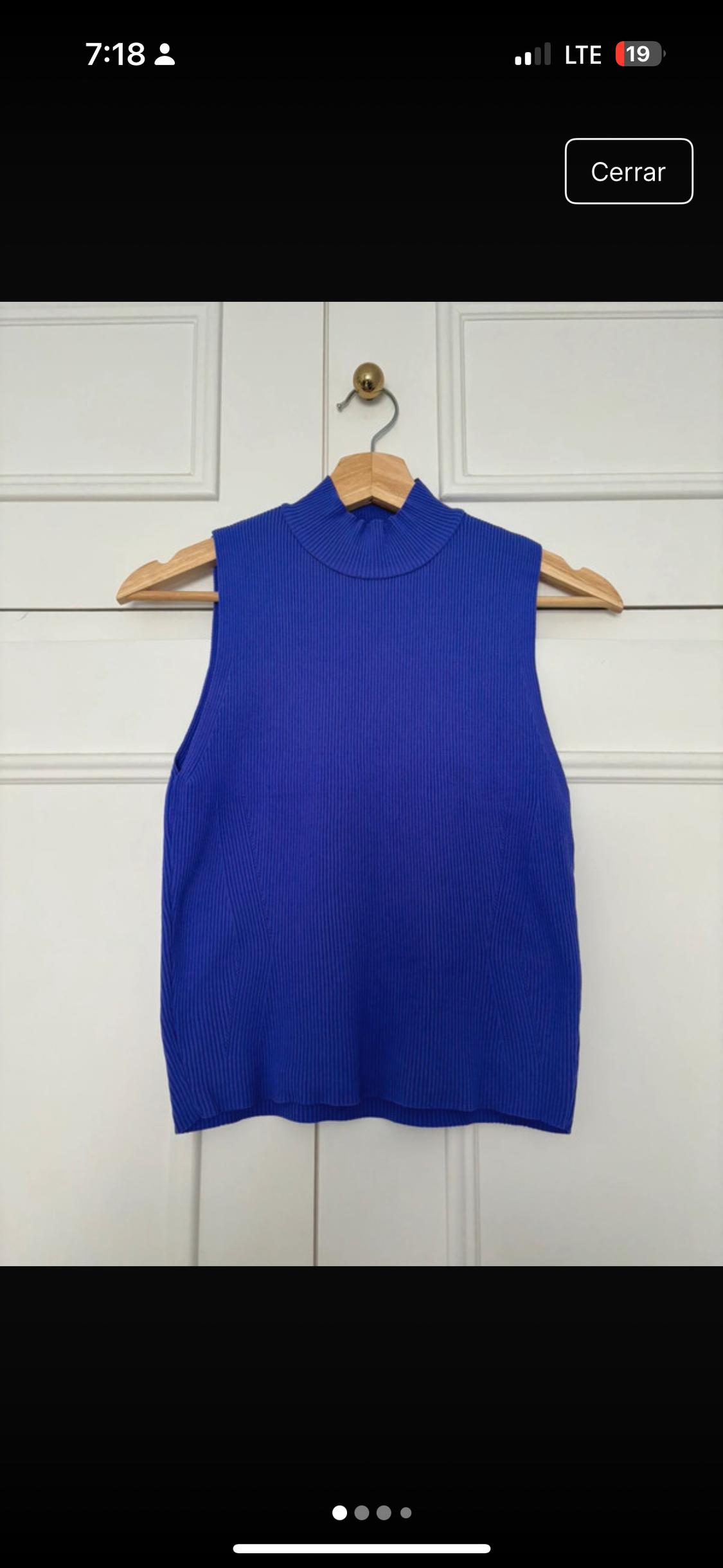 Front view of a blue sleeveless high-neck top.