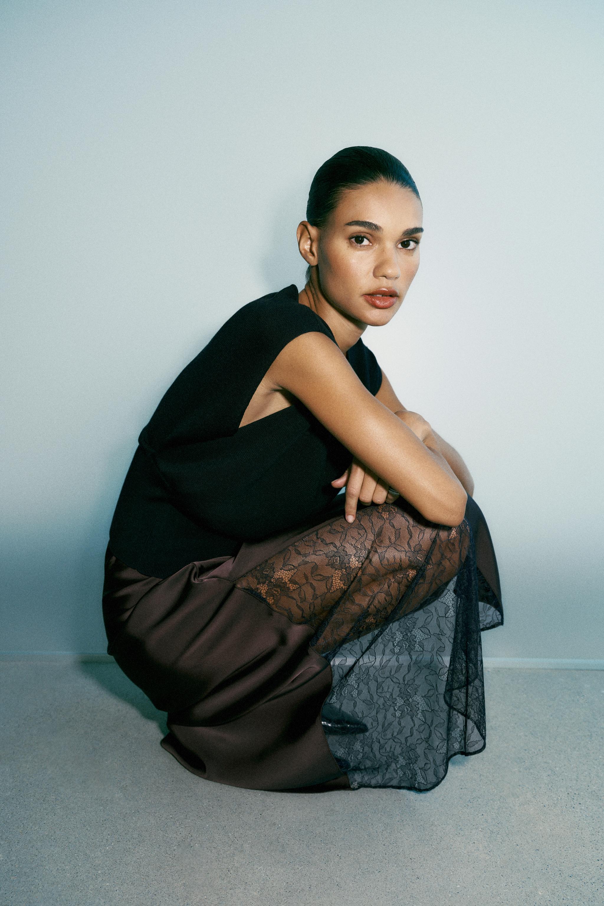 COMBINED SATIN MIDI SKIRT